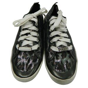 Guess Womens Black Glitter Leopard Print Sneakers Size 7 Casual Lace-Up Shoes